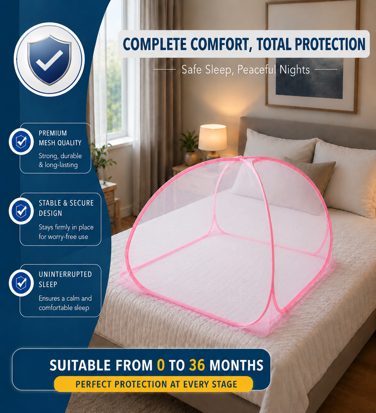 Baby Tent Mosquito Net for 0 to 3 years | Travel-Friendly Foldable Design- Pink & White