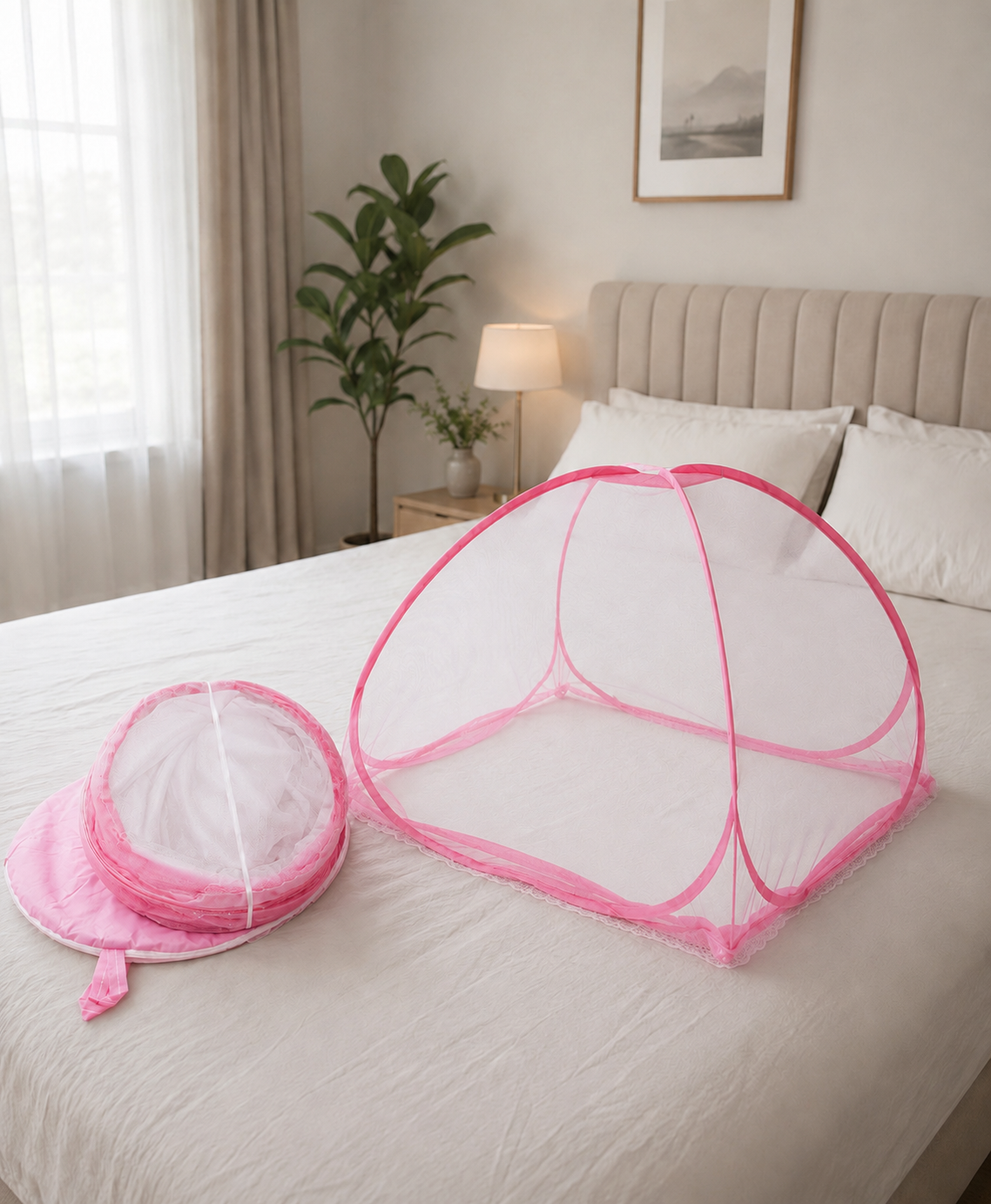 Baby Tent Mosquito Net for 0 to 3 years | Travel-Friendly Foldable Design- Pink & White
