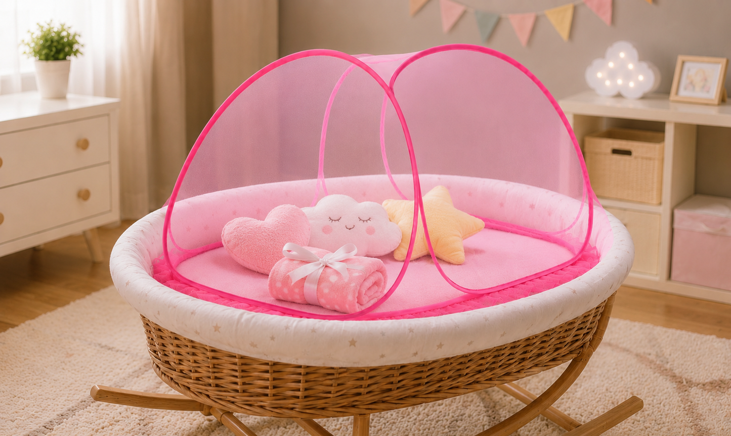 Baby Tent Mosquito Net for 0 to 3 years | Travel-Friendly Foldable Design- Pink & White