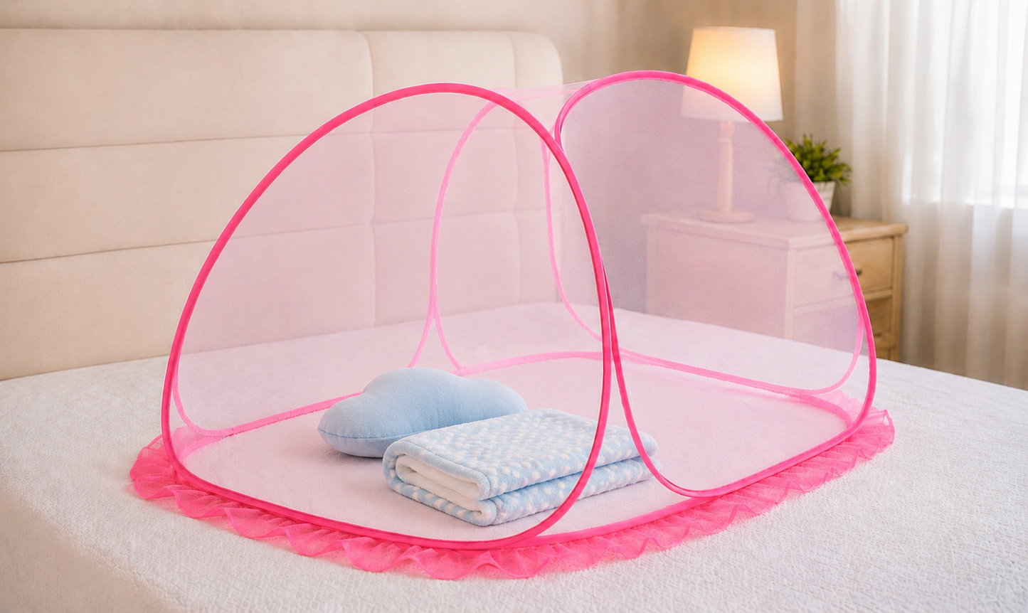 Baby Tent Mosquito Net for 0 to 3 years | Travel-Friendly Foldable Design- Pink & White